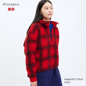 Bluza z Kapturem Damskie Uniqlo Pile Lined Fleece Printed Full-Zip Czerwone,Uniqlo Polska | T796120