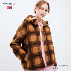 Bluza z Kapturem Damskie Uniqlo Pile Lined Fleece Printed Full-Zip Beżowe,Uniqlo Polska | H826098