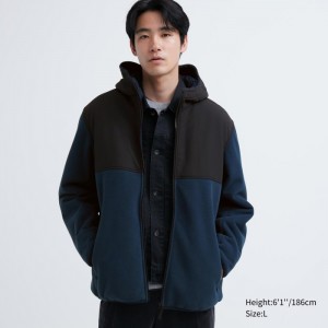 Bluza z Kapturem Męskie Uniqlo Windproof Outer Fleece Full-Zip (Color Block) Niebieskie,Uniqlo Polska | N606698
