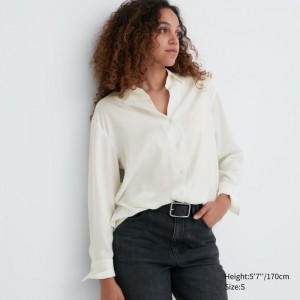 Bluzka Damskie Uniqlo Satin Long-Sleeve Białe,Uniqlo Polska | R774955