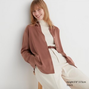 Bluzka Damskie Uniqlo Satin Long-Sleeve Brązowe,Uniqlo Polska | M457251