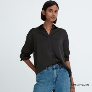 Bluzka Damskie Uniqlo Satin Long-Sleeve Czarne,Uniqlo Polska | A997975
