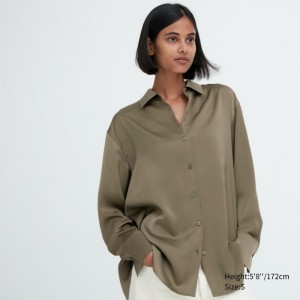 Bluzka Damskie Uniqlo Satin Long-Sleeve Oliwkowe,Uniqlo Polska | Q288524