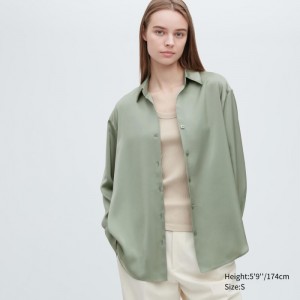 Bluzka Damskie Uniqlo Satin Long-Sleeve Zielone,Uniqlo Polska | W113791
