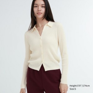 Kardigan Damskie Uniqlo Extra Fine Merino Ribbed Polo Białe,Uniqlo Polska | P484802