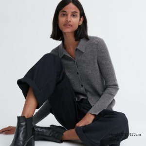 Kardigan Damskie Uniqlo Extra Fine Merino Ribbed Polo Szare,Uniqlo Polska | K477355