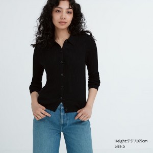 Kardigan Damskie Uniqlo Extra Fine Merino Ribbed Polo Czarne,Uniqlo Polska | X076341