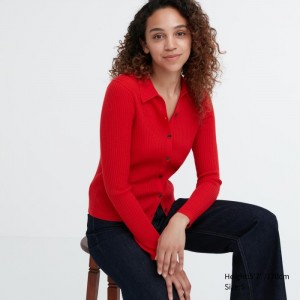 Kardigan Damskie Uniqlo Extra Fine Merino Ribbed Polo Czerwone,Uniqlo Polska | F328689