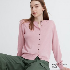 Kardigan Damskie Uniqlo Extra Fine Merino Crew Neck Różowe,Uniqlo Polska | Z854010