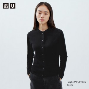 Kardigan Damskie Uniqlo Merino Blend Long-Sleeve Crew Neck Czarne,Uniqlo Polska | V390659