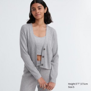 Kardigan Damskie Uniqlo Washable Knit Ribbed Long-Sleeve Szare,Uniqlo Polska | L722865