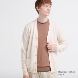 Kardigan Męskie Uniqlo Premium Lambswool V-Neck Białe,Uniqlo Polska | T725138