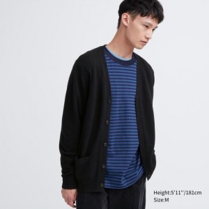 Kardigan Męskie Uniqlo Premium Lambswool V-Neck Czarne,Uniqlo Polska | W084097