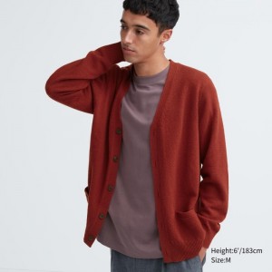 Kardigan Męskie Uniqlo Premium Lambswool V-Neck Czerwone,Uniqlo Polska | K482745