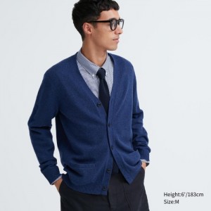 Kardigan Męskie Uniqlo Premium Lambswool V-Neck Niebieskie,Uniqlo Polska | I208277