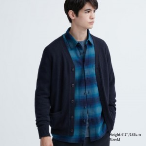 Kardigan Męskie Uniqlo Premium Lambswool V-Neck Granatowe,Uniqlo Polska | C622077