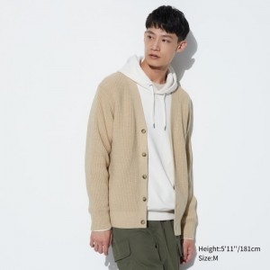 Kardigan Męskie Uniqlo Washable Cotton V-Neck Long-Sleeve Beżowe,Uniqlo Polska | T898549