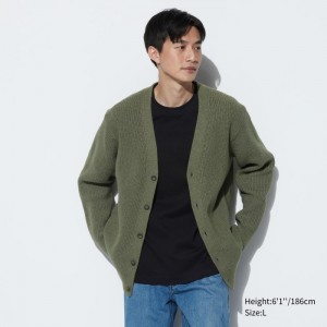 Kardigan Męskie Uniqlo Washable Cotton V-Neck Long-Sleeve Oliwkowe,Uniqlo Polska | S571580