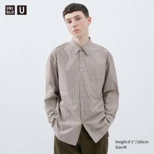 Koszule Codzienne Męskie Uniqlo Broadcloth Oversized Striped Long-Sleeve Szare,Uniqlo Polska | E931215