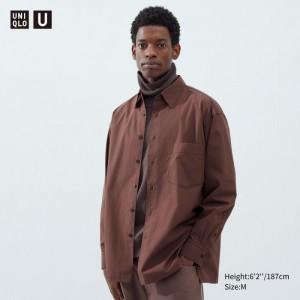 Koszule Codzienne Męskie Uniqlo Broadcloth Oversized Long-Sleeve Brązowe,Uniqlo Polska | D250747