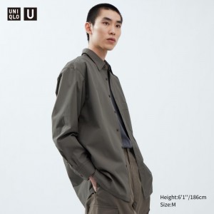 Koszule Codzienne Męskie Uniqlo Broadcloth Oversized Long-Sleeve Oliwkowe,Uniqlo Polska | B067478