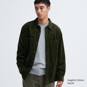 Koszule Codzienne Męskie Uniqlo Corduroy Work Long-Sleeve Oliwkowe,Uniqlo Polska | F313341