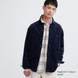 Koszule Codzienne Męskie Uniqlo Corduroy Work Long-Sleeve Granatowe,Uniqlo Polska | E104114