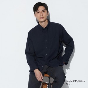 Koszule Codzienne Męskie Uniqlo Extra Fine Cotton Broadcloth Granatowe,Uniqlo Polska | G593588