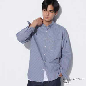 Koszule Codzienne Męskie Uniqlo Extra Fine Cotton Broadcloth Checked Niebieskie,Uniqlo Polska | N871292