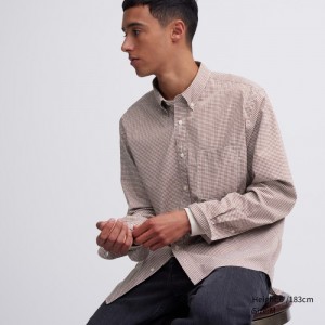 Koszule Codzienne Męskie Uniqlo Extra Fine Cotton Broadcloth Checked Brązowe,Uniqlo Polska | A748860