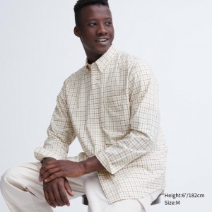 Koszule Codzienne Męskie Uniqlo Extra Fine Cotton Broadcloth Checked Białe,Uniqlo Polska | D387845