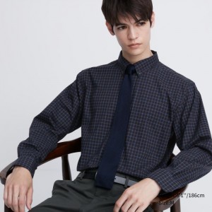 Koszule Codzienne Męskie Uniqlo Extra Fine Cotton Broadcloth Checked Granatowe,Uniqlo Polska | X796095