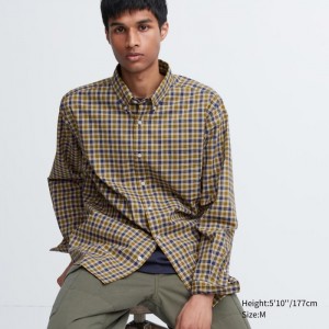 Koszule Codzienne Męskie Uniqlo Extra Fine Cotton Broadcloth Checked Żółte,Uniqlo Polska | H498426