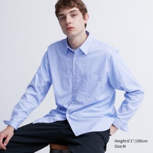 Koszule Codzienne Męskie Uniqlo Extra Fine Cotton Broadcloth Striped Niebieskie,Uniqlo Polska | J607679
