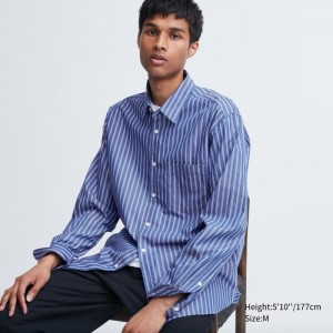 Koszule Codzienne Męskie Uniqlo Extra Fine Cotton Broadcloth Striped Niebieskie,Uniqlo Polska | M652019