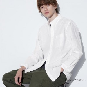 Koszule Codzienne Męskie Uniqlo Extra Fine Cotton Broadcloth Dotted Białe,Uniqlo Polska | R427821
