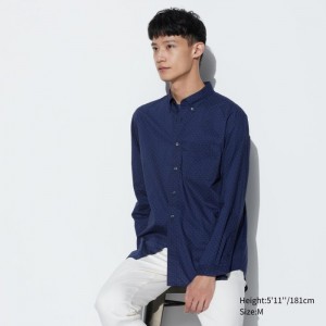 Koszule Codzienne Męskie Uniqlo Extra Fine Cotton Broadcloth Dotted Niebieskie,Uniqlo Polska | A750679