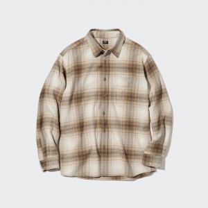 Koszule Codzienne Męskie Uniqlo Flannel Checked (2022 Edition) Beżowe,Uniqlo Polska | O802301