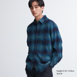 Koszule Codzienne Męskie Uniqlo Flannel Checked Niebieskie,Uniqlo Polska | U132854