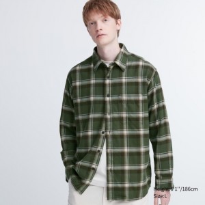 Koszule Codzienne Męskie Uniqlo Flannel Checked Oliwkowe,Uniqlo Polska | L641300