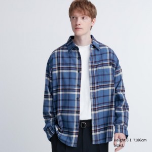 Koszule Codzienne Męskie Uniqlo Flannel Checked Niebieskie,Uniqlo Polska | Q520637