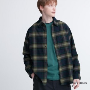 Koszule Codzienne Męskie Uniqlo Flannel Checked Ciemny Zielone,Uniqlo Polska | R813431
