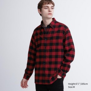 Koszule Codzienne Męskie Uniqlo Flannel Checked Czerwone,Uniqlo Polska | K510149