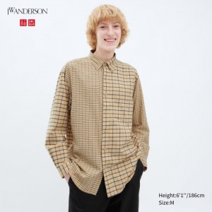 Koszule Codzienne Męskie Uniqlo Flannel Checked Beżowe,Uniqlo Polska | O832508