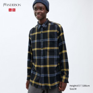 Koszule Codzienne Męskie Uniqlo Flannel Checked Czarne,Uniqlo Polska | J298032