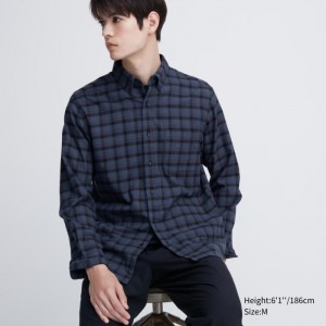 Koszule Codzienne Męskie Uniqlo Flannel Checked Niebieskie,Uniqlo Polska | D164070
