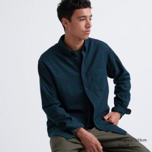 Koszule Codzienne Męskie Uniqlo Flannel Checked Ciemny Zielone,Uniqlo Polska | O163345