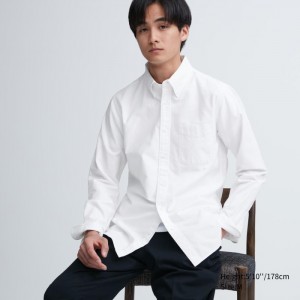 Koszule Codzienne Męskie Uniqlo Oxford Slim-Fit Long-Sleeve Białe,Uniqlo Polska | A671337