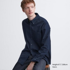 Koszule Codzienne Męskie Uniqlo Oxford Slim-Fit Long-Sleeve Granatowe,Uniqlo Polska | O426045