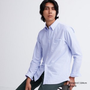 Koszule Codzienne Męskie Uniqlo Oxford Striped Slim-Fit Long-Sleeve Niebieskie,Uniqlo Polska | M239628